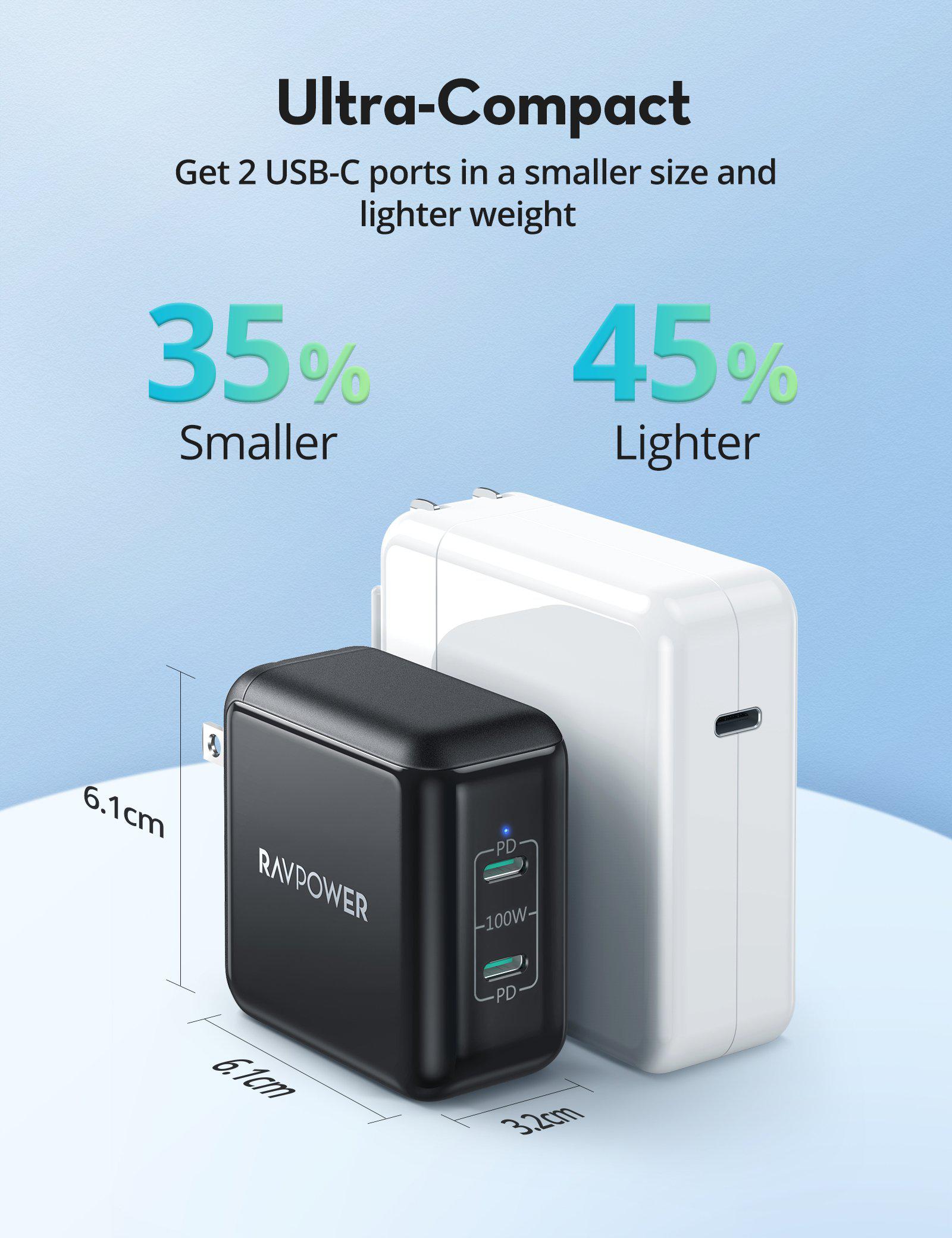 RavPower 35W Wall Charger with 2 Type-C Ports, PD Technology - Black - متجر  توباور