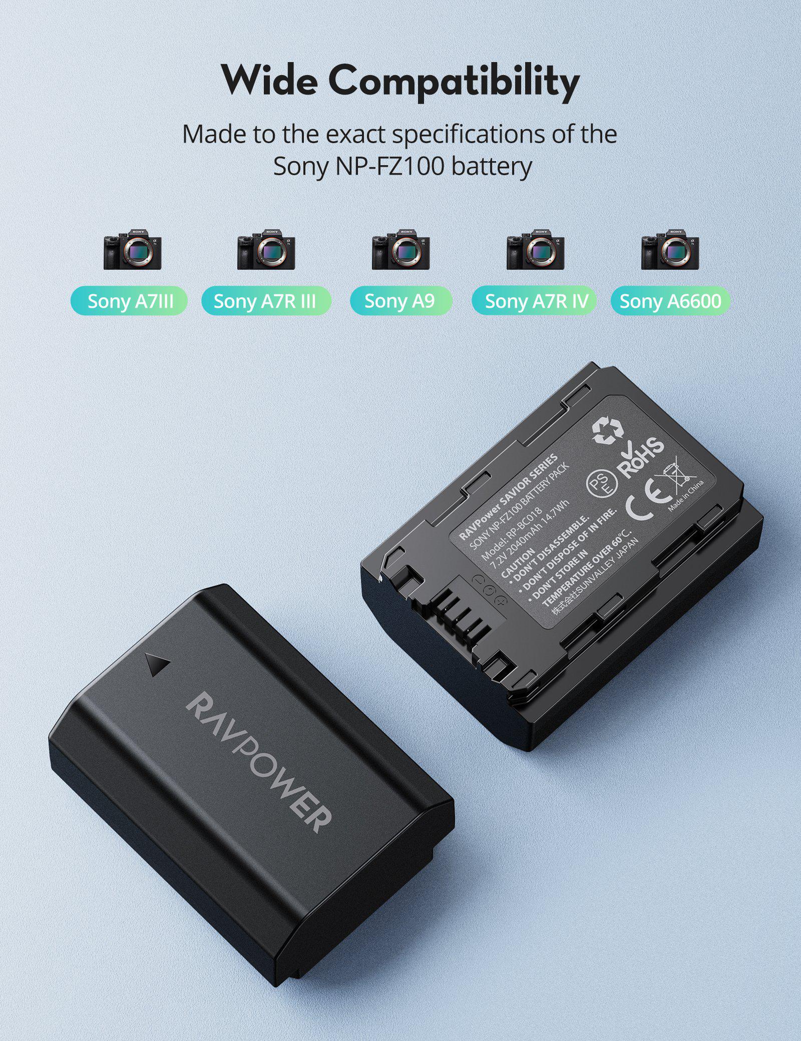 2 pack NP-FZ100 batteries and Charger Set for Sony Alpha A7 III A7R IV  A6600 A9R